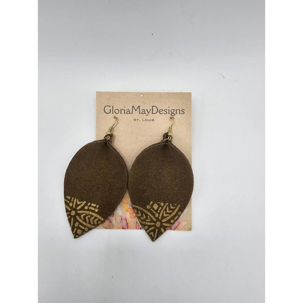 Gloria May Designs Brown Leather Teardrop Earrings Gold Print Handmade